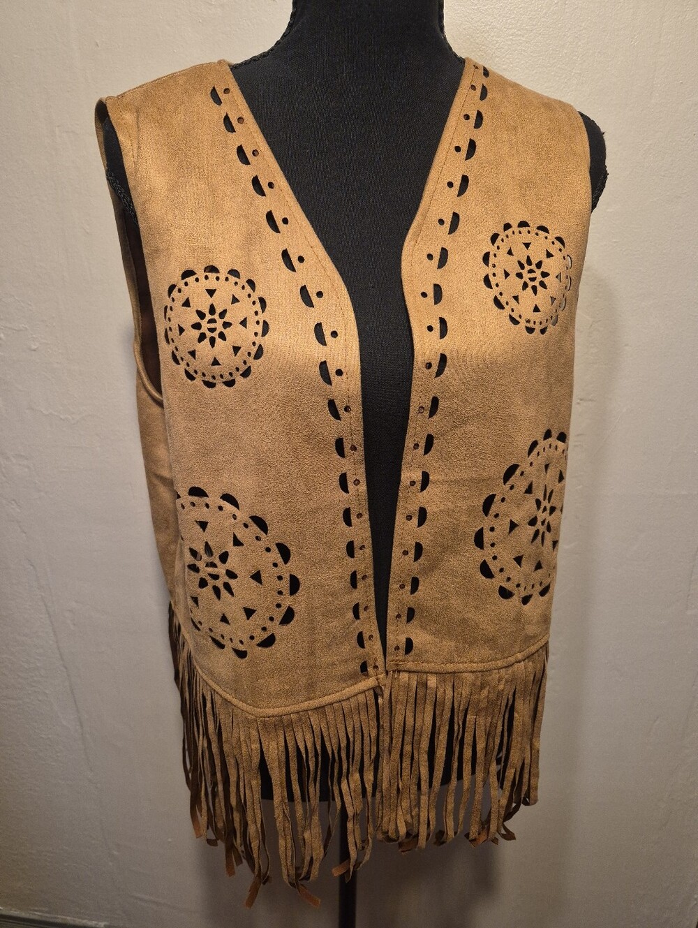 Liv Los Angeles Boho Fringe Vest in Cognac Brown Large - Picture 2 of 5